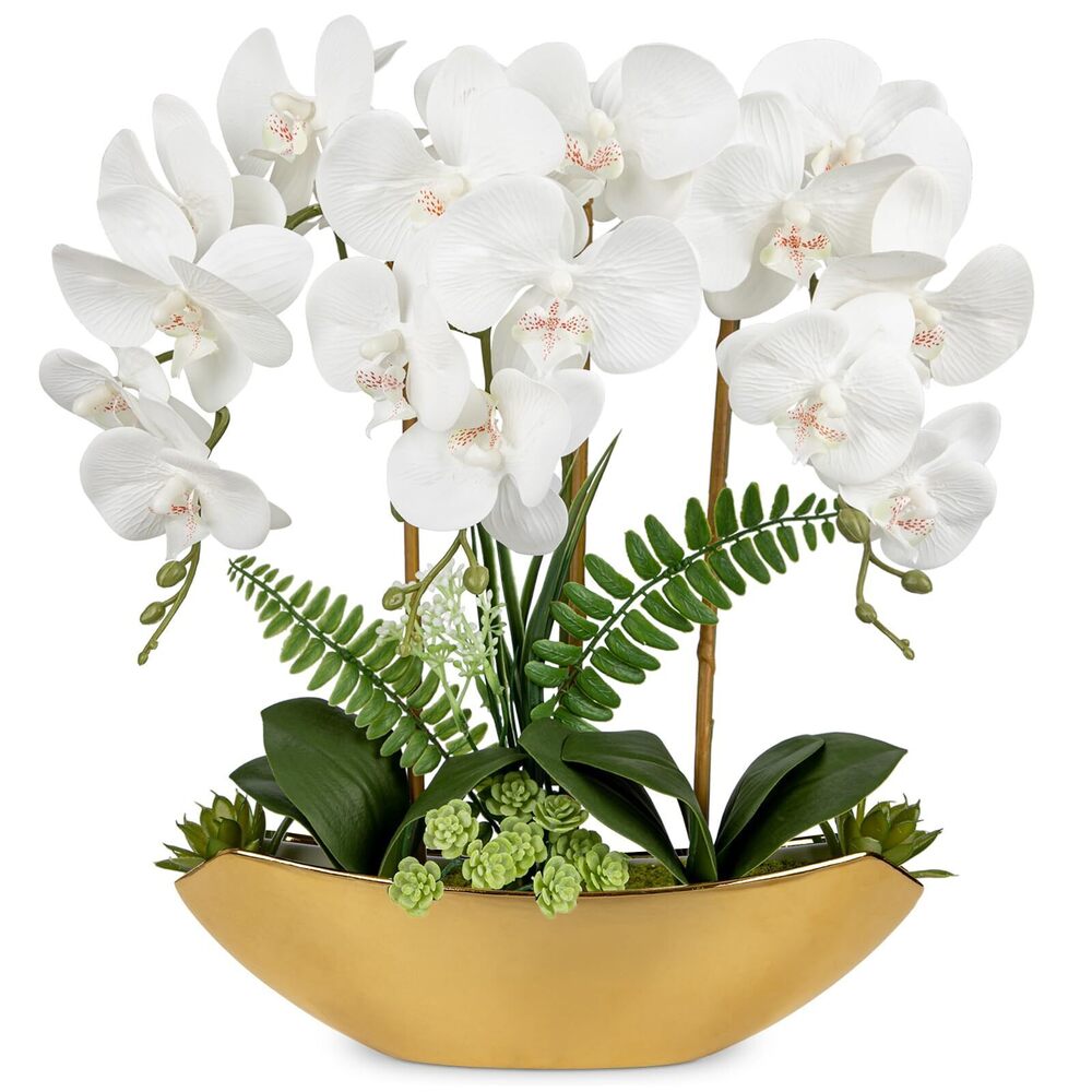2125 Orchid Flowers 18in White Artificial Orchid Silk Flowers in Gold Pot